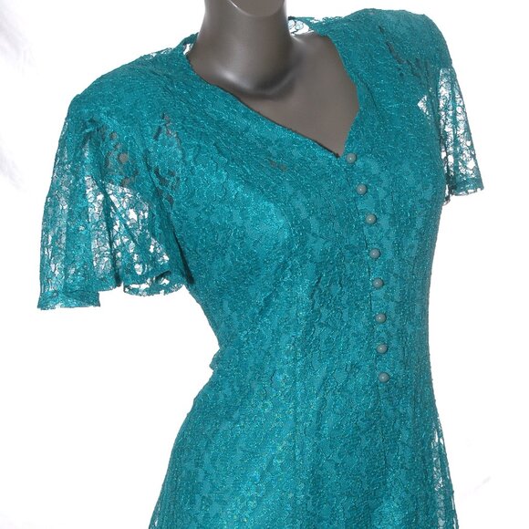 Lace DRESS & BOLERO 2 Pc. Set Vittoria Virini Teal Aqua Green Floral Vtg 80s-90s - Picture 2 of 9